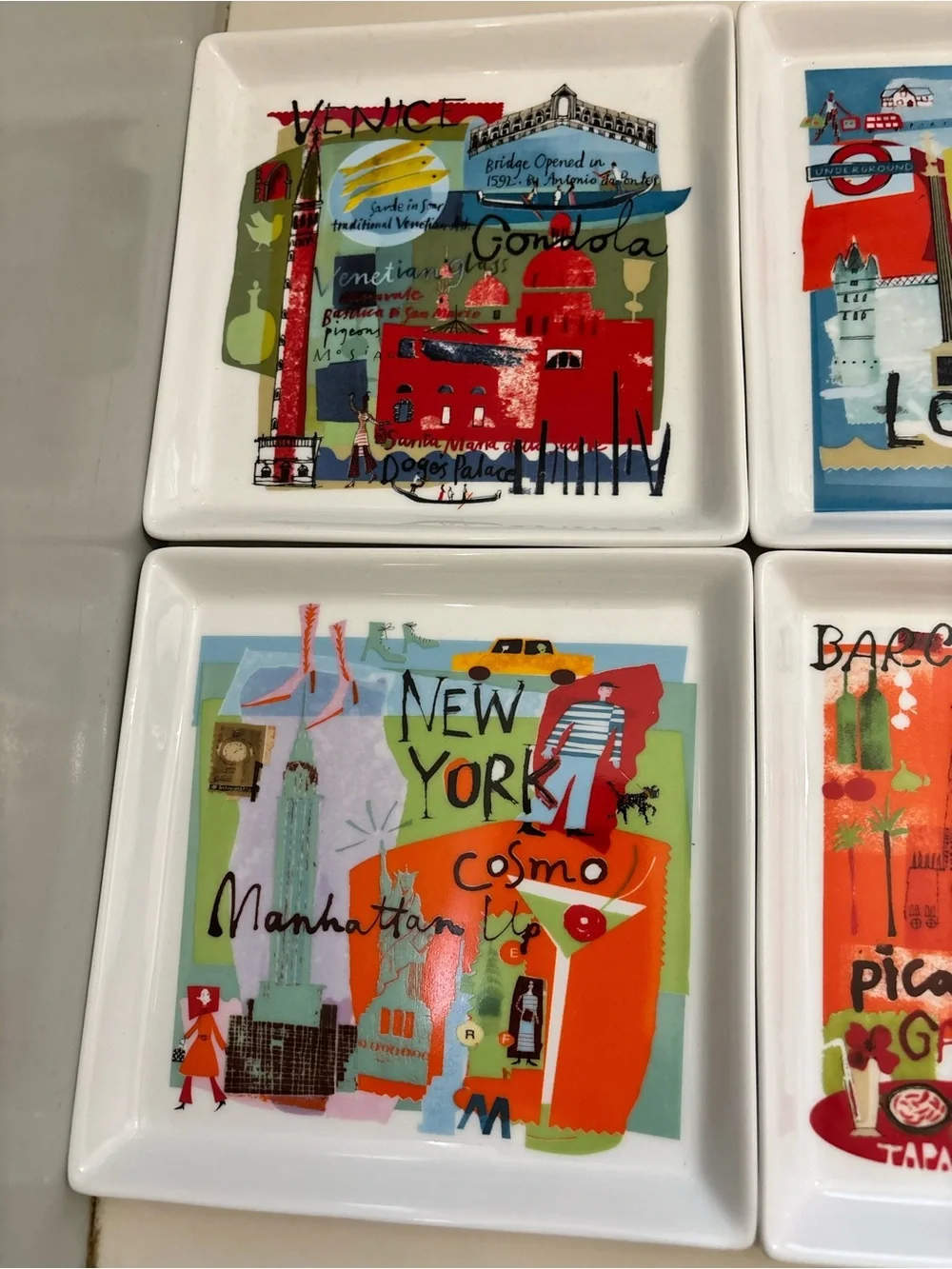 Crate & Barrel Cityscape Square Appetizer Plates Set of 6 City Scenes Ceramic